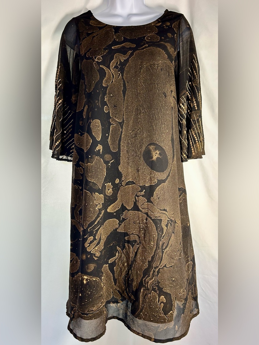 NOVICA Black Gold Metallic Abstract Embellished Sleeve Dress Small